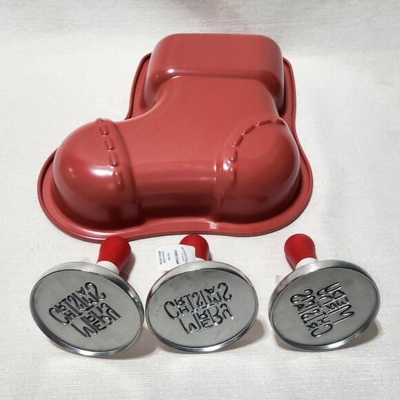 Nordic ware holiday stocking baking pan with three cookie stamps - Picture 2 of 6